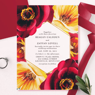 Invitations En Acrylique Rouge vif et jaune floral géométrique de mariage
