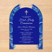 Invitations En Acrylique Royal Bleu Argent Première Communion Sainte Élégan (Recto)