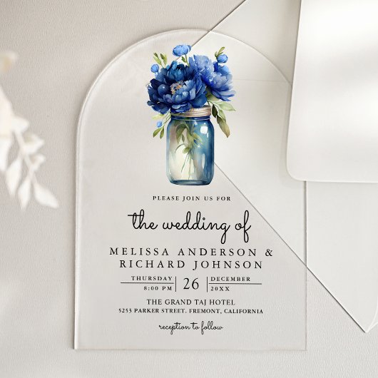 Invitations En Acrylique Royal Blue Floral Mason Jar Wedding