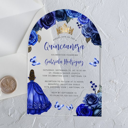 Invitations En Acrylique Royal Blue Floral Rose Aquarelle Quinceañera