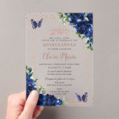 Invitations En Acrylique Royal Blue Floral Rose Gold Quinceañera Papillon (In situ (ordinateur de poche))
