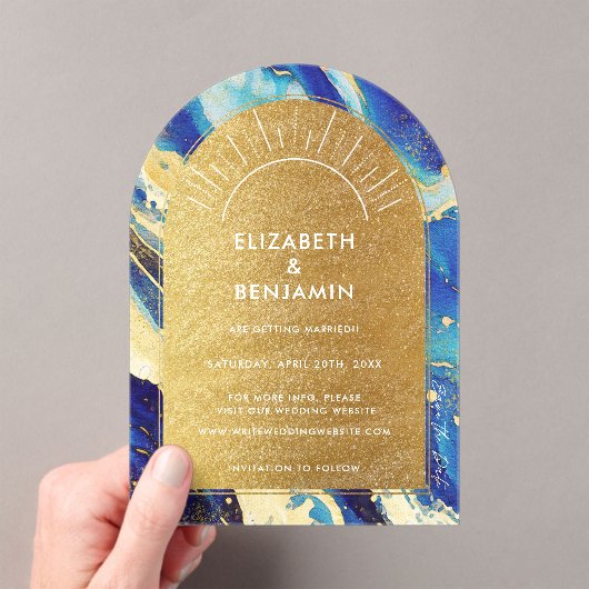 Invitations En Acrylique Royal Blue Gold Arch Mariage Acrylique Enregistrer (In situ (ordinateur de poche))