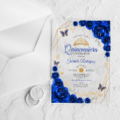 Invitations En Acrylique Royal Blue Gold Floral Quinceanera