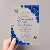 Invitations En Acrylique Royal Blue Gold Floral Quinceanera (In situ (ordinateur de poche))