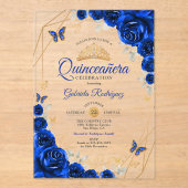 Invitations En Acrylique Royal Blue Gold Floral Quinceanera (Recto)