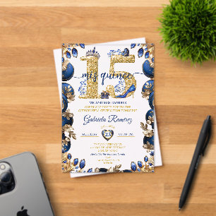 Invitations En Acrylique Royal Blue Golden Mis Quince 15 Quinceañera