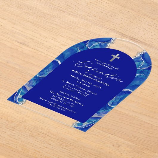 Invitations En Acrylique Royal Blue Silver Agate Confirmation Moderne (Poser)
