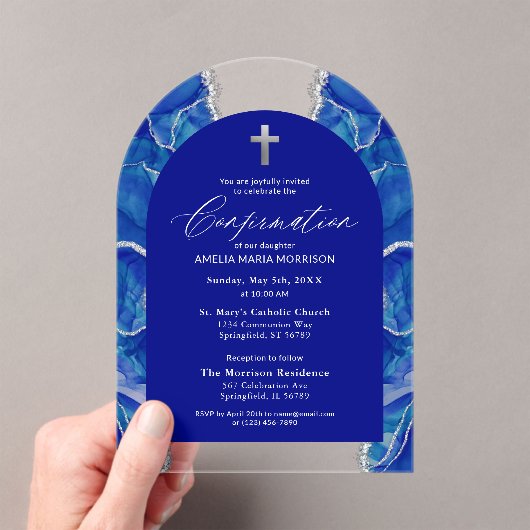 Invitations En Acrylique Royal Blue Silver Agate Confirmation Moderne (In situ (ordinateur de poche))