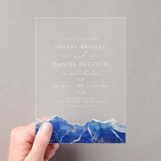 Invitations En Acrylique Royal Blue Silver Agate Élégant Mariage moderne (In situ (ordinateur de poche))