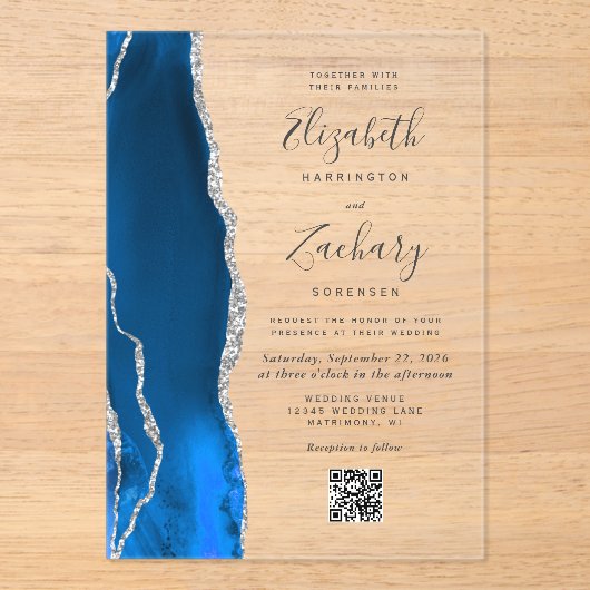 Invitations En Acrylique Royal Blue Silver Agate QR Code Wedding (Recto)