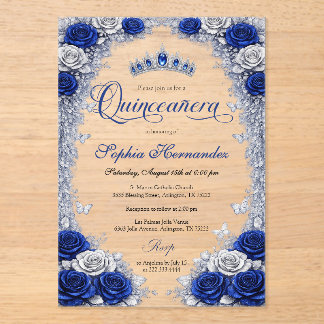 Invitations En Acrylique Royal Blue & Silver Quinceanera