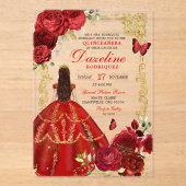 Invitations En Acrylique Royal Red et Gold Princessa Quinceañera (Recto)