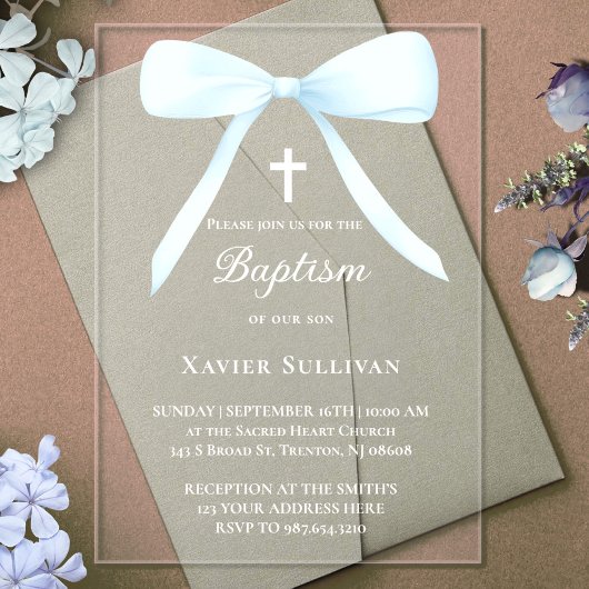 Invitations En Acrylique ruban bleu pastel | Baptême