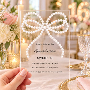 Invitations En Acrylique Ruban de perle rose Sweet 16 luxe clair