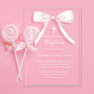Invitations En Acrylique Ruban rose Baptême