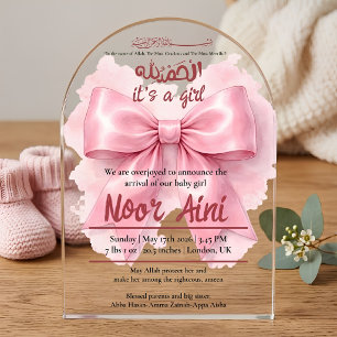 Invitations En Acrylique ruban rose bébé fille musulmane naissance arrivée