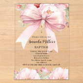 Invitations En Acrylique Ruban rose clair fleurs fille baptême clair (Recto)