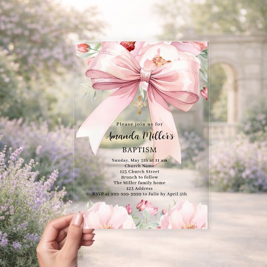 Invitations En Acrylique Ruban rose clair fleurs fille baptême clair