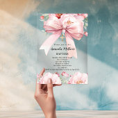 Invitations En Acrylique Ruban rose clair fleurs fille baptême clair