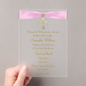 Invitations En Acrylique Ruban rose et croix d'or Baptême (In situ (ordinateur de poche))
