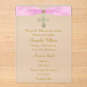 Invitations En Acrylique Ruban rose et croix d'or Baptême (Recto)