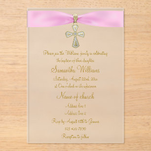 Invitations En Acrylique Ruban rose et croix d'or Baptême