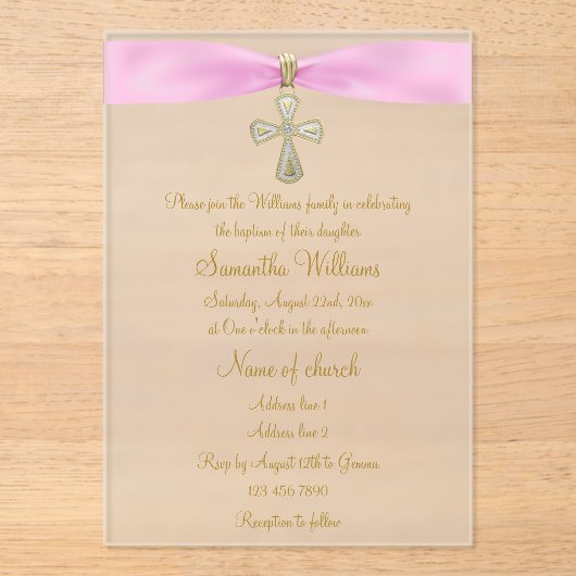 Invitations En Acrylique Ruban rose et croix d'or Baptême (Recto)