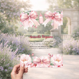 Invitations En Acrylique Rubans roses fleurs fille bouteille transparente B