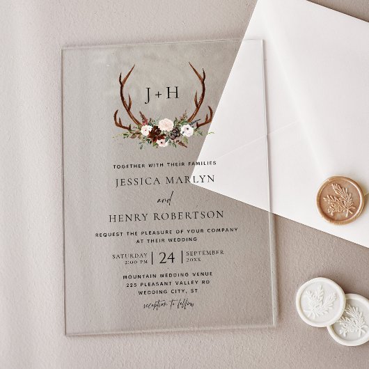 Invitations En Acrylique Russe Antlers Floral Boho Mariage