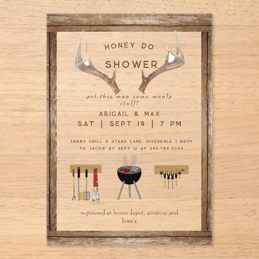 Invitations En Acrylique Rustic Antlers Honey Do Couples Wedding Shower  (Recto)