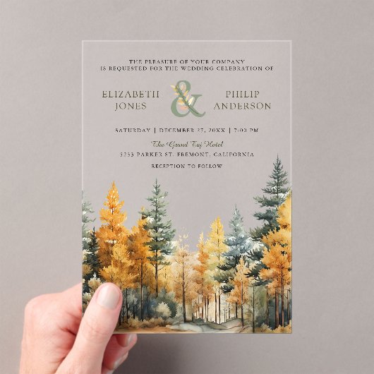 Invitations En Acrylique Rustic Autumn Fall Pine Trees Wedding (In situ (ordinateur de poche))