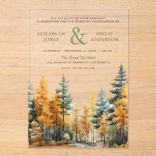 Invitations En Acrylique Rustic Autumn Fall Pine Trees Wedding (Recto)