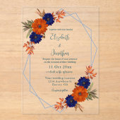 Invitations En Acrylique Rustic Autumn Orange Navy Blue Floral Wedding (Recto)