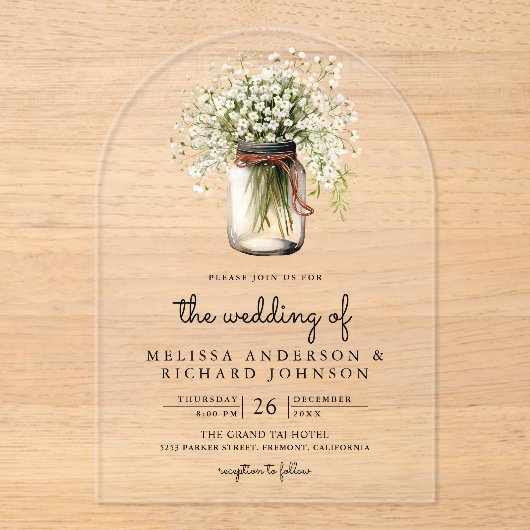 Invitations En Acrylique Rustic Baby's Breath Mason Jar Wedding (Recto)