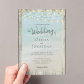 Invitations En Acrylique Rustic Beach Wood String Lights Waves Wedding (In situ (ordinateur de poche))