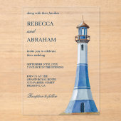 Invitations En Acrylique Rustic Blue Watercolor Lighthouse Nautical Wedding (Recto)