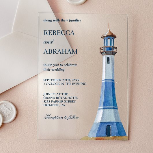 Invitations En Acrylique Rustic Blue Watercolor Lighthouse Nautical Wedding