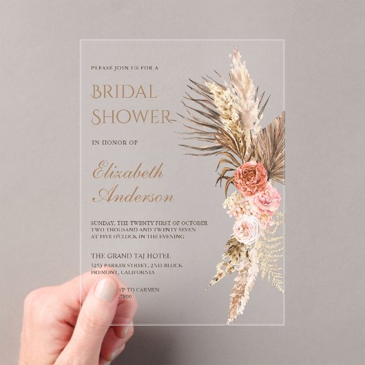 Invitations En Acrylique Rustic Boho Earthy Floral Pampas Bridal Shower (In situ (ordinateur de poche))
