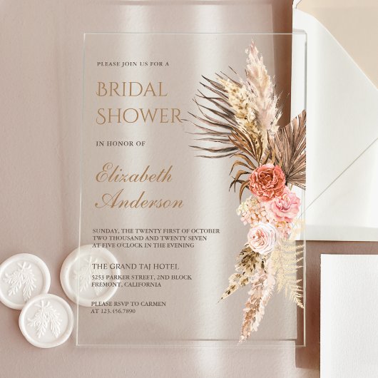 Invitations En Acrylique Rustic Boho Earthy Floral Pampas Bridal Shower