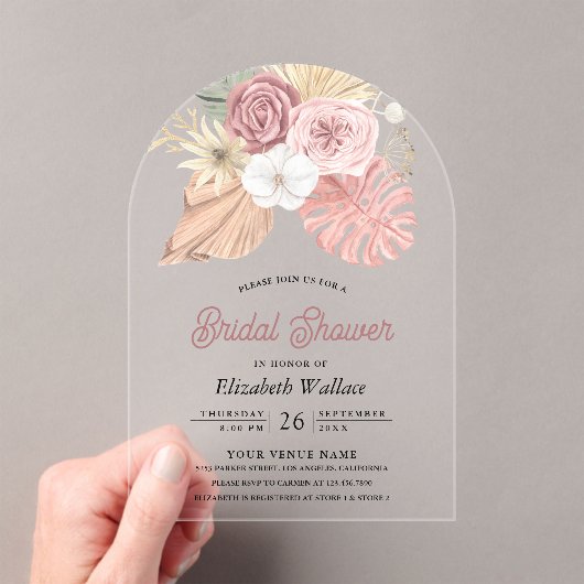Invitations En Acrylique Rustic Boho Palm Dusty Pink Roses Bridal Shower (In situ (ordinateur de poche))