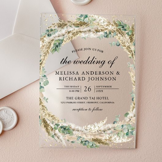 Invitations En Acrylique Rustic Boho Pampas Eucalyptus Wreath Wedding