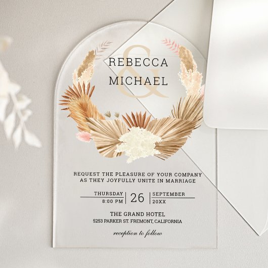 Invitations En Acrylique Rustic Boho Pampas Grass Wreath Dried Palm Wedding