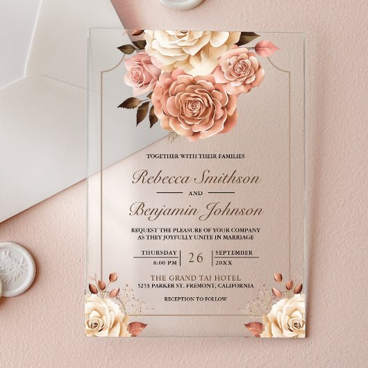 Invitations En Acrylique Rustic Boho Rose Gold Ivory Floral Wedding