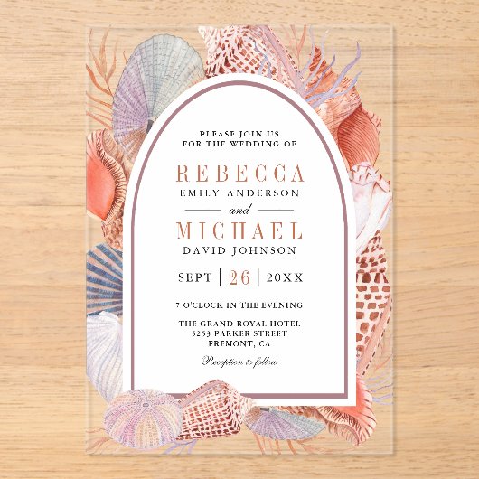 Invitations En Acrylique Rustic Boho Seashells Nautical Wedding (Recto)