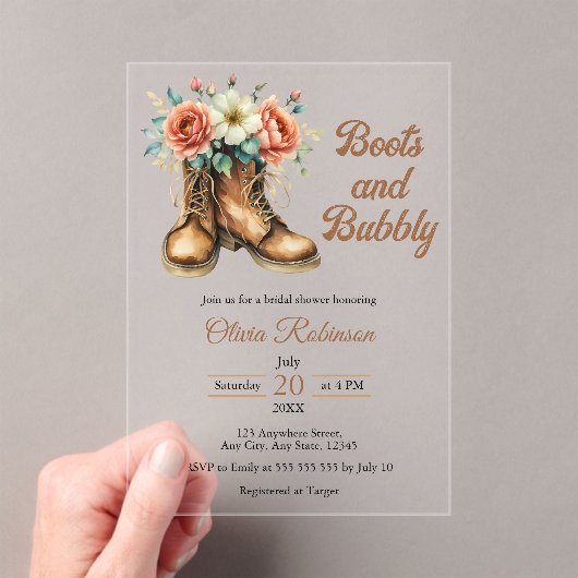 Invitations En Acrylique Rustic Boots and Bubbly Western Bridal Shower  (In situ (ordinateur de poche))