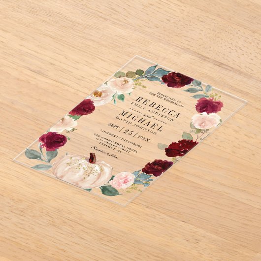 Invitations En Acrylique Rustic Burgundy and Peach Floral Pumpkin Wedding (Poser)