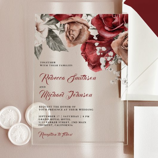 Invitations En Acrylique Rustic Burgundy Roses Wedding