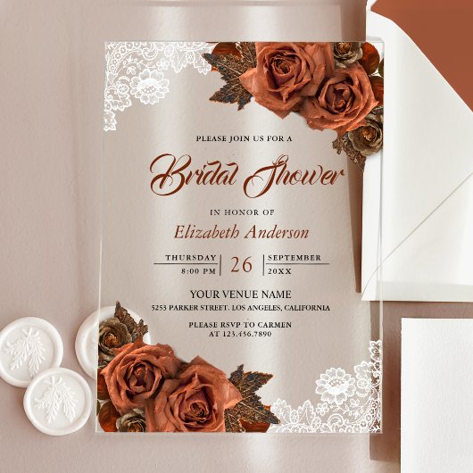 Invitations En Acrylique Rustic Burlap Dusty Terracotta Rose Bridal Shower