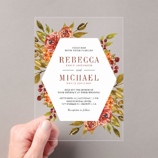 Invitations En Acrylique Rustic Burnt Orange Floral Autumn Fall Wedding (In situ (ordinateur de poche))