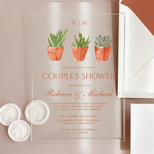 Invitations En Acrylique Rustic Cactus Terracotta Pots Couple's Shower